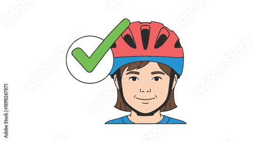 Young Asian person wearing a protective bicycle helmet with a green checkmark indicating safety approval, ideal for educational content on safe cycling practices and wellness programs