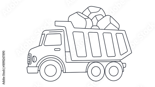 Simple line drawing of a dump truck transporting rocks, perfect for a childrens coloring book, educational material, or a straightforward graphic about construction and heavy machinery.