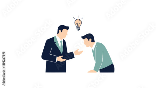 Professional business mentor guiding an employee to develop new ideas, representing effective training, coaching, and innovative teamwork for corporate learning and professional development