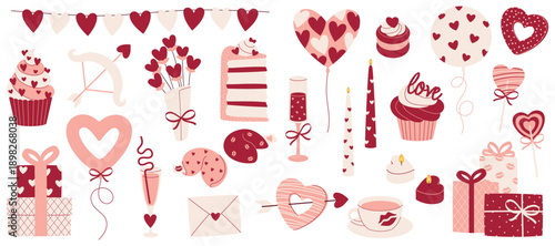 Big Valentine's Day Clip Art Set with cake, balloons, gifts and garlands