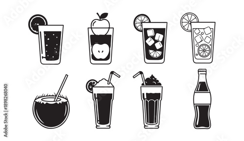 Assorted Drinks in Glasses and Bottle, Coconut, Fruit, Ice Cubes, Straws - Vector Icons