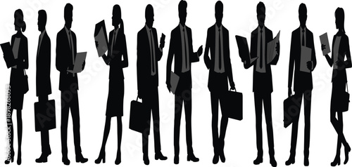 Black silhouettes of male and female business professionals in formal attire with briefcases, laptops, and documents, ideal for corporate communication, teamwork, and office-themed design projects