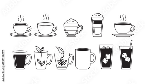 Assorted Hot and Cold Beverage Icons: Coffee, Tea, and Iced Drinks