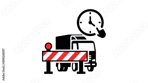Shipping and logistics concept showing a delivery truck halted by a road barrier and a clock with a hand pointing, indicating potential delays or scheduled transportation restrictions.