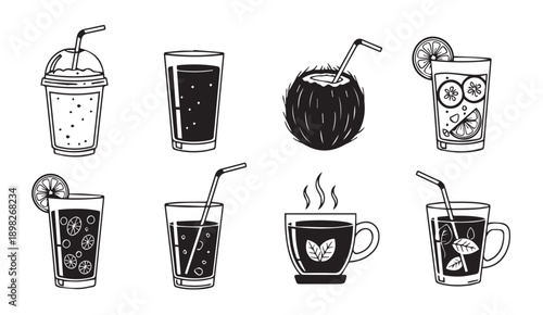Assorted Refreshing Drinks Collection in Hand-Drawn Style