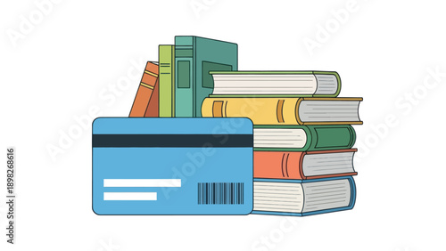 A stack of colorful educational textbooks and an essential payment method representing financial literacy and learning investments for educational resources and online course purchases.