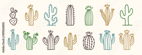 Collection of doodle wild west cactus icons in minimal desert style, hand drawn cacti