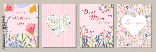 Mother’s Day Floral Greeting Card Set with Hearts and Botanical Elements. Vector Hand Drawn Illustrations