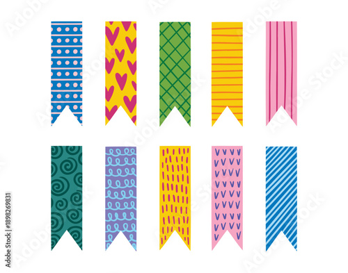 Colorful decorative tape patterned tape strips, cute scotch tapes, bookmarks. Cute pieces tape set. Scrapbooking element for creative digital collages.