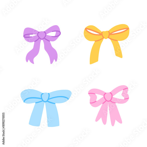 Set of colorful bow knots, gift bows. Collection of beautiful holiday decorative elements, festive present decor. Coquette pretty charming bows. Flat vector illustration