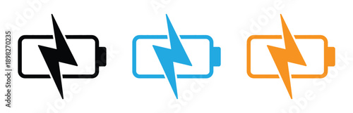 Battery icon with lightning bolt symbol. Battery icons with lightning bolts colors. Isolated full battery charging icon with a lightning bolt. Symbolizes power energy source on a white background.