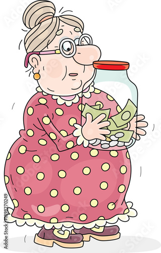 Sad granny holding a glass jar containing a meager amount of her retirement savings, vector cartoon illustration isolated on a white background