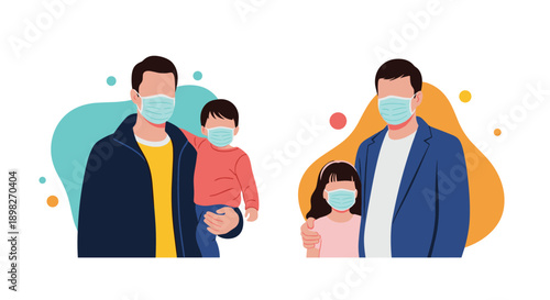 Illustration of fathers holding their children while all are wearing protective medical masks for safety and prevention in a public environment.
