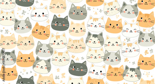 Adorable seamless pattern featuring various cute cartoon cat faces with different colors and expressions for a playful and childish design theme.