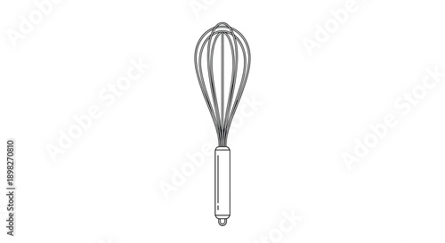 Clean black outline drawing of a classic kitchen whisk used for mixing and baking, presented as a simple and functional cooking utensil icon.