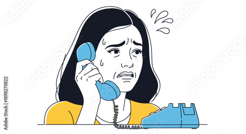 Line art illustration of a worried woman talking on a vintage landline telephone, expressing anxiety and stress while receiving bad news.