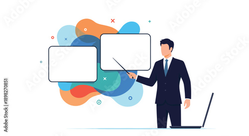 Professional businessman giving a digital presentation with a pointer and screens, representing corporate communication and modern business strategy.