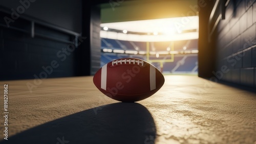 Close-Up of American Football on a Gym Floor with Stadium Lights in Background
