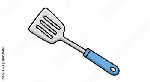 Modern kitchen spatula with a silver metal head and a blue handle, shown as a practical and functional utensil for cooking and flipping food.
