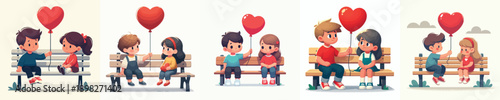 vector of 2 children sitting on a park bench giving valentine love balloons
