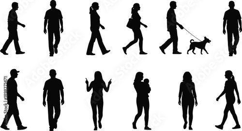 Silhouettes of people walking, standing, holding a baby, and walking a dog on white background Keywords: silhouette, people, man