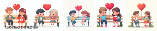 vector of 2 children sitting on a park bench giving valentine love balloons