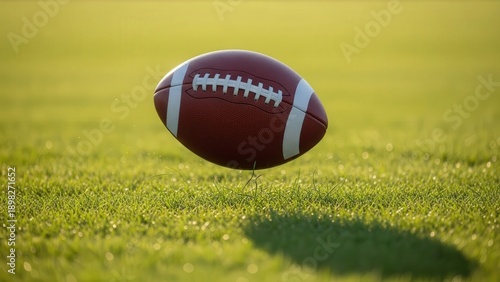 Close-up of American Football on Field with Bright Green Grass Under Sunlight
