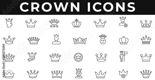 Crown Icons vector illustration with thin line editable stroke containing royalty, king, queen, luxury, premium, power, leadership, kingdom, empire, success, winner, majestic, award, VIP, quality.