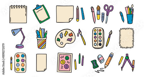 Drawing elements set, papers, paints and brushes, colorful kids art, hand drawn