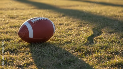 Close-Up of American Football on Grass Field with Long Shadow in Sunset Light