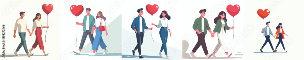 Obraz premium vector of a couple walking together and holding valentine love balloons