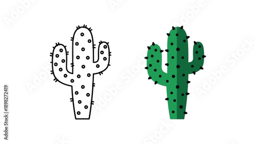 Cactus icon set featuring a vibrant green filled illustration juxtaposed next to a clean black and white outline version for diverse graphic design needs