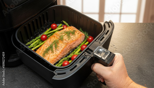 Healthy Salmon and Asparagus with Cherry Tomatoes Cooked in Air Fryer
