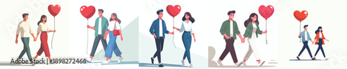 vector of a couple walking together and holding valentine love balloons
