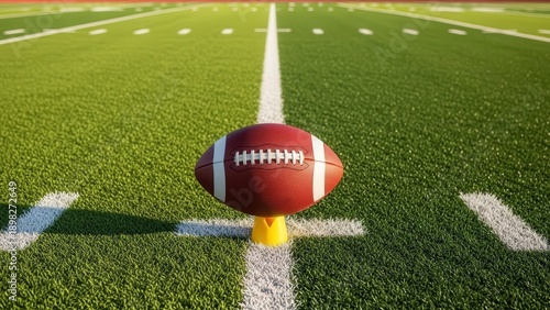 Close-up of American football on green field with yard lines for sports event background