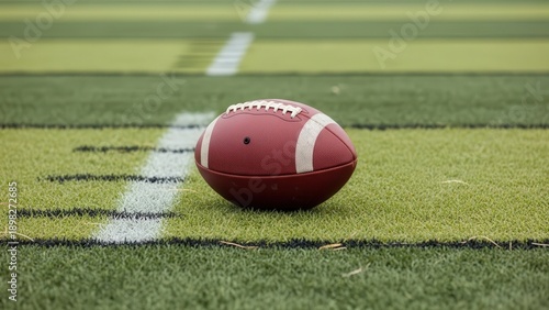 Close-up of American football on green sports field with yard lines for game play or training,