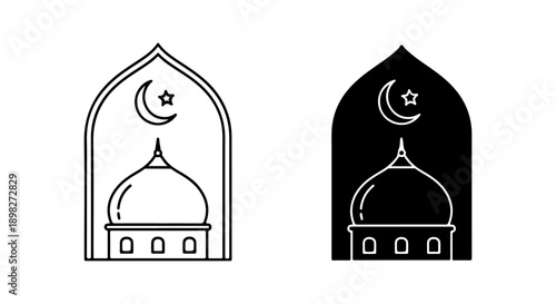 Mosque Dome Icon with Crescent Moon and Star, Islamic Architecture Symbol