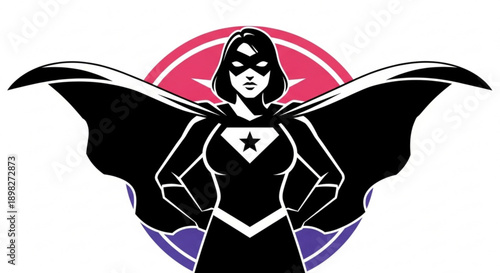Female superhero character with cape and star emblem standing confidently in front of colorful circular background