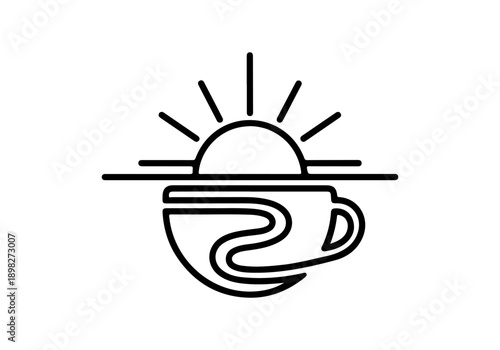 Sunrise over coffee cup logo concept for morning coffee lovers or cafe business, clean line art