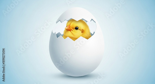 Cute yellow chick hatching from white eggshell on light blue background symbolizing new life and growth