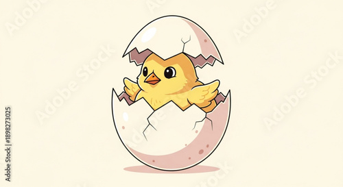 Cute cartoon chick emerging from cracked eggshell on beige background symbolizing new life and beginnings in a joyful and colorful illustration