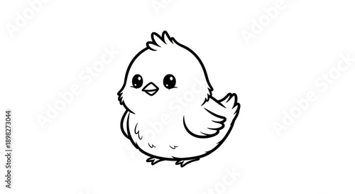 Cute cartoon chick standing alone on white background looking forward with big eyes and soft feathers