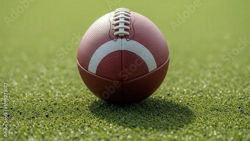Close-up of American football on green turf showing detailed leather texture