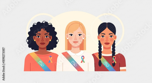Diverse women with awareness ribbons and sashes symbolizing solidarity and support for social causes