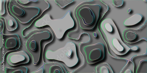 Abstract topographic map background with layered contour shapes in shades of gray and subtle iridescent outlines, creating a modern and dimensional visual for design