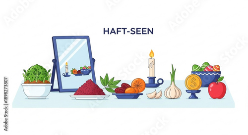 Haft-Seen Table Setting with Fruits and Vegetables for Nowruz Celebration