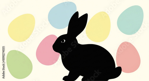 Black Easter Bunny Silhouette with Colorful Eggs on White Background