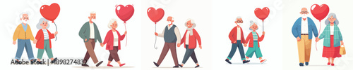 vector of a old couple walking together and holding valentine love balloons