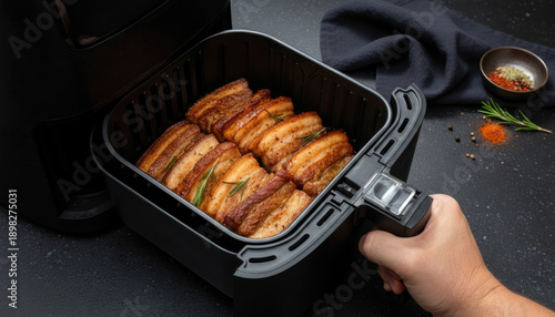 Wallpaper Mural Hand pulling delicious crispy pork belly out of air fryer basket Torontodigital.ca