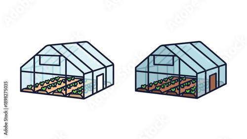 Illustration depicting two separate glass greenhouses with freshly sprouted green seedlings growing inside on planted soil beds for controlled environment agriculture concepts